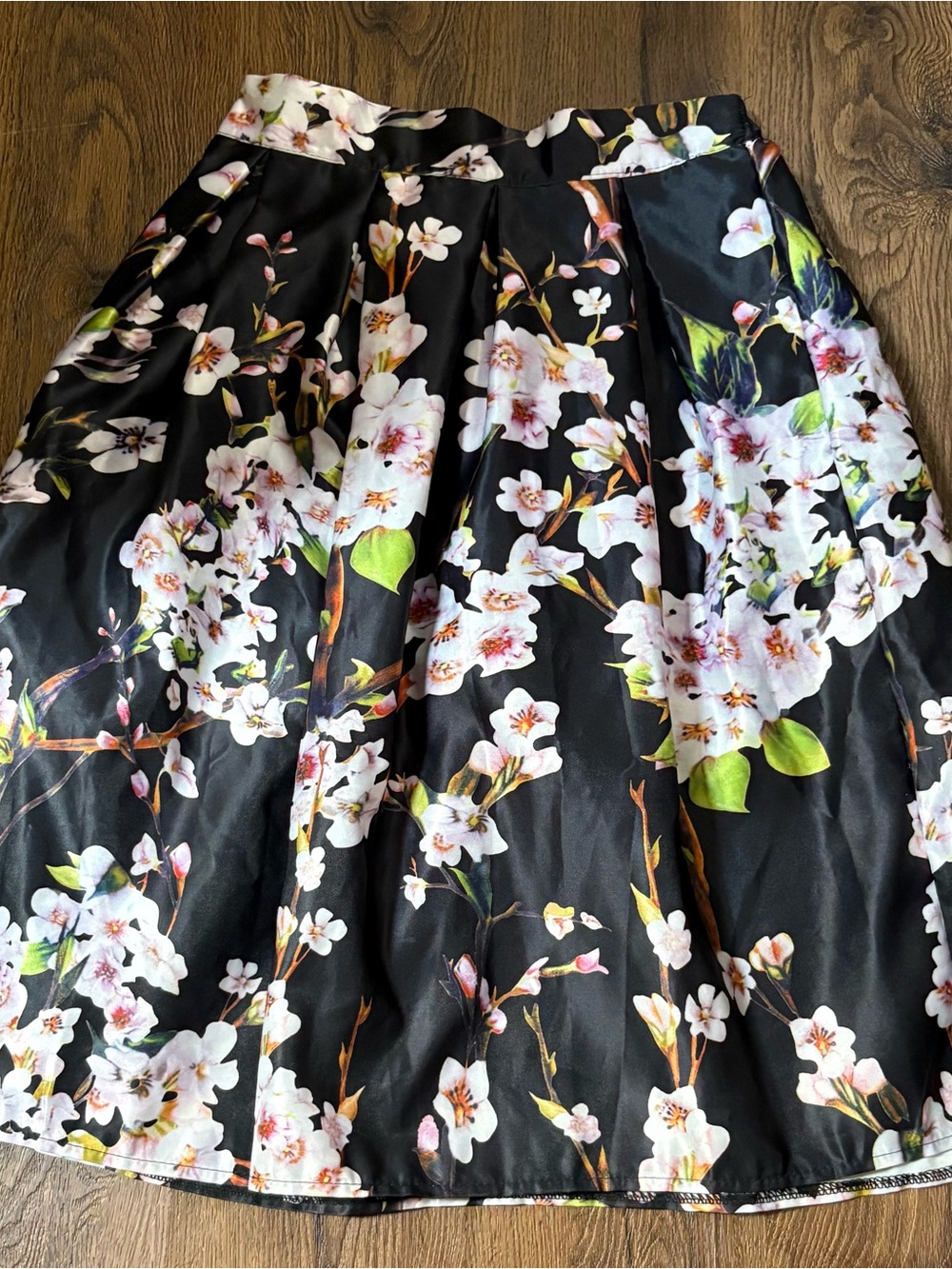 Choies Black Floral A-Line Midi Skirt with Pink and Green Accents - Picture 4 of 6